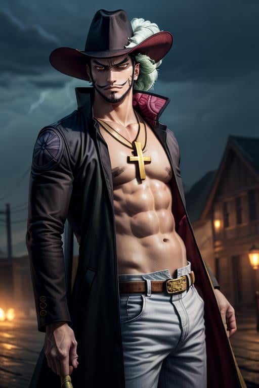 (((scowl))), (comic style poster), 1man, dark scene, (cowboy shot of ANIME_OP_dracule_mihawk_ownwaifu), athletic, scenery, solo, ,www.ownwaifu.com,1boy,hat,facial hair,jewelry,beard,necklace,abs,black hair,yellow eyes,belt,mustache,coat,muscular,pants,pectorals,open clothes,cross,goatee,pirate hat,cross necklace,long sideburns,sideburns,cape,open coat,bare pectorals,short hair,black headwear,pendant,spiked hair,manly,toned,fur trim,stubble,latin cross,long coat,navel,jacket,open_jacket,topless male,hat_feather,white_pants,thick_eyebrows,(long flowing cape), night, outdoors, rain, serious, dark atmosphere, lightning, detailed background, (art by Frank Miller), ((empty hands)), masterpiece, moody, (realistic:1.3), muscular:1.2, perfect lighting, perfect shading, (realistic fabric texture), volumetric shading, subsurface scattering, hyperrealistic, dynamic pose, dynamic movement, (photorealistic:1.5),  <lora:more_details:0.5>, ((empty hands)) <lora:ANIME_OP_dracule_mihawk_ownwaifu:1>