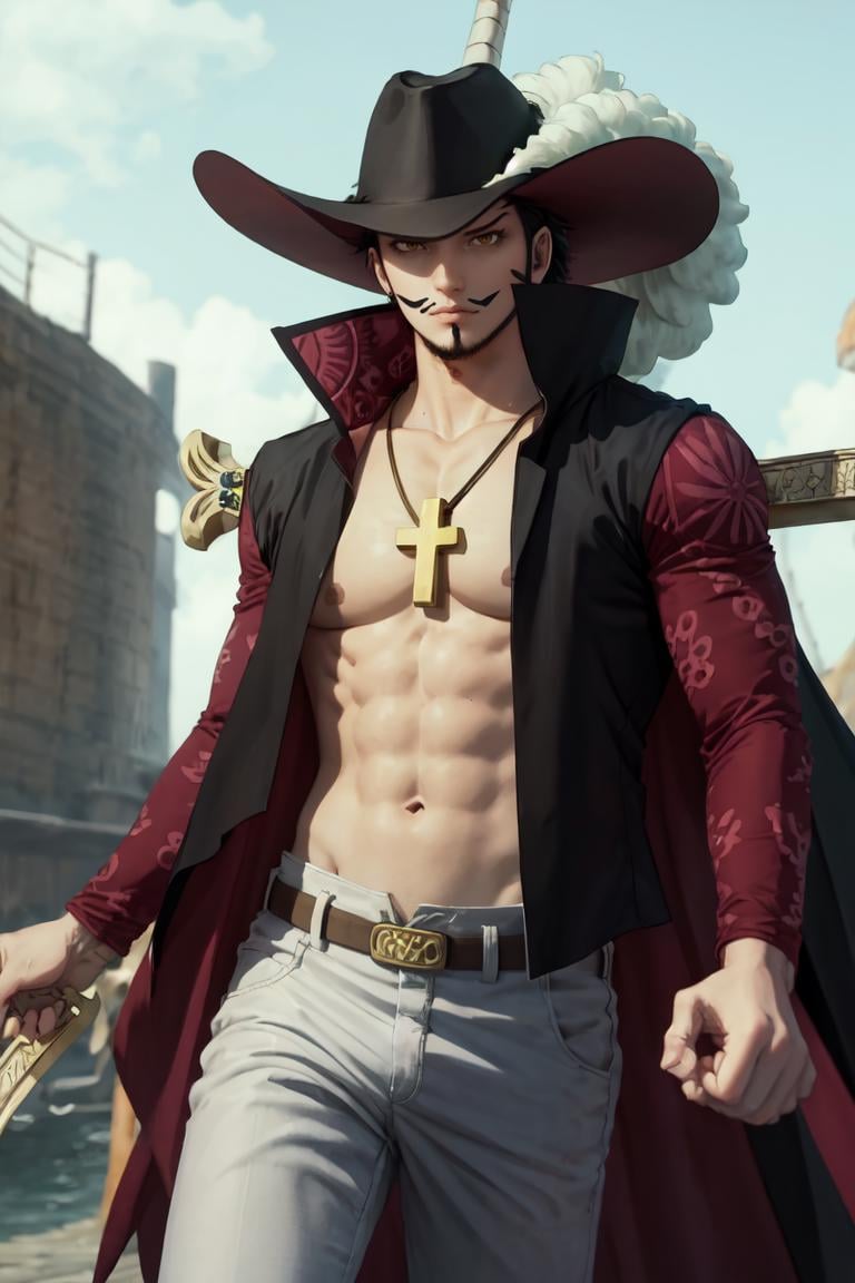 masterpiece, best quality, highres, scenery, <lora:ANIME_OP_dracule_mihawk_ownwaifu:1.0>ANIME_OP_dracule_mihawk_ownwaifu,www.ownwaifu.com,1boy,hat,facial hair,jewelry,beard,necklace,abs,black hair,yellow eyes,belt,mustache,coat,muscular,pants,pectorals,open clothes,cross,goatee,pirate hat,cross necklace,long sideburns,sideburns,cape,open coat,bare pectorals,short hair,black headwear,pendant,spiked hair,manly,toned,fur trim,stubble,latin cross,long coat,navel,jacket,open_jacket,topless male,hat_feather,white_pants,thick_eyebrows,yoru_(sword)