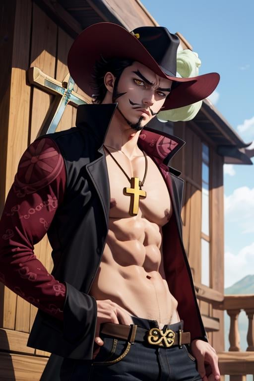 masterpiece, best quality, highres, scenery, <lora:ANIME_OP_dracule_mihawk_ownwaifu:0.8> completely nude, (nude:1.2), covering crotch, ANIME_OP_dracule_mihawk_ownwaifu,www.ownwaifu.com,1boy,hat,facial hair,jewelry,beard,necklace,abs,black hair,yellow eyes,mustache,muscular,pectorals,cross,goatee,pirate hat,cross necklace,long sideburns,sideburns,short hair,black headwear,pendant,spiked hair,manly,toned,stubble,latin cross,navel,hat_feather,thick_eyebrows,yoru_(sword)
