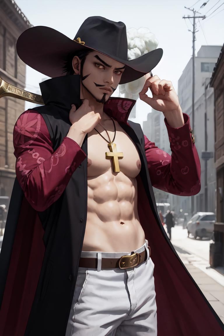 masterpiece, best quality, highres, <lora:ANIME_OP_dracule_mihawk_ownwaifu:0.8>, scenery, ANIME_OP_dracule_mihawk_ownwaifu,www.ownwaifu.com,1boy,hat,facial hair,jewelry,beard,necklace,abs,black hair,yellow eyes,belt,mustache,coat,muscular,pants,pectorals,open clothes,cross,goatee,pirate hat,cross necklace,long sideburns,sideburns,cape,open coat,bare pectorals,short hair,black headwear,pendant,spiked hair,manly,toned,fur trim,stubble,latin cross,long coat,navel,jacket,open_jacket,topless male,hat_feather,white_pants,thick_eyebrows, yoru_(sword), holding sword, 