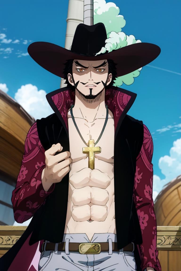 good anatomy, masterpiece, best quality, 1boy, solo, looking at viewer,straight-on, scenery, upper body,ANIME_OP_dracule_mihawk_ownwaifu,www.ownwaifu.com,facial hair,beard,abs,black hair,yellow eyes,mustache,muscular,pectorals,goatee,long sideburns,sideburns,short hair,spiked hair,manly,toned,stubble,thick_eyebrows,hat,jewelry,necklace,belt,coat,pants,open clothes,cross,pirate hat,cross necklace,cape,open coat,bare pectorals,black headwear,fur trim,latin cross,long coat,navel,jacket,open_jacket,topless male,hat_feather,white_pants,<lora:ANIME_OP_dracule_mihawk_ownwaifu-15:1>