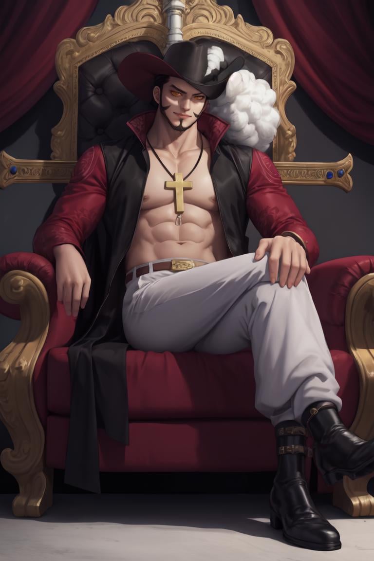 good anatomy, masterpiece, best quality, 1boy, solo, from below,throne,looking at viewer, male focus, sitting,  full body,  throne room, straight-on, ANIME_OP_dracule_mihawk_ownwaifu,www.ownwaifu.com,facial hair,beard,abs,black hair,yellow eyes,mustache,muscular,pectorals,goatee,long sideburns,sideburns,short hair,spiked hair,manly,toned,stubble,thick_eyebrows,hat,jewelry,necklace,belt,coat,pants,open clothes,cross,pirate hat,cross necklace,cape,open coat,bare pectorals,black headwear,fur trim,latin cross,long coat,navel,jacket,open_jacket,topless male,hat_feather,white_pants, <lora:ANIME_OP_dracule_mihawk_ownwaifu-15:0.9>