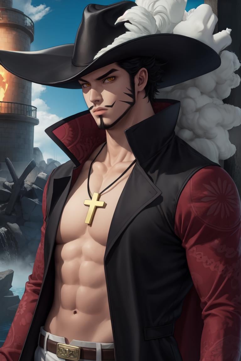 good anatomy, masterpiece, best quality, 1boy, solo, looking at viewer,straight-on, scenery, upper body, ANIME_OP_dracule_mihawk_ownwaifu,www.ownwaifu.com,facial hair,beard,abs,black hair,yellow eyes,mustache,muscular,pectorals,goatee,long sideburns,sideburns,short hair,spiked hair,manly,toned,stubble,thick_eyebrows,hat,jewelry,necklace,belt,coat,pants,open clothes,cross,pirate hat,cross necklace,cape,open coat,bare pectorals,black headwear,fur trim,latin cross,long coat,navel,jacket,open_jacket,topless male,hat_feather,white_pants, <lora:ANIME_OP_dracule_mihawk_ownwaifu-15:0.7>