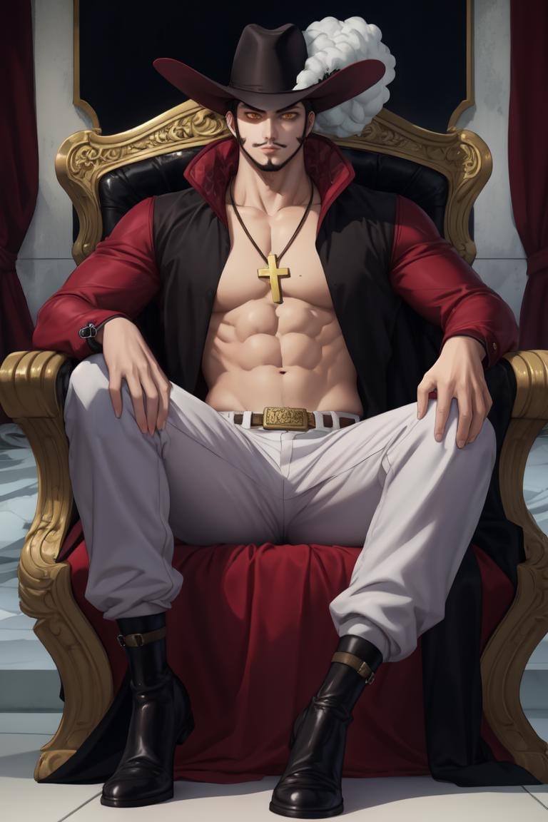 good anatomy, masterpiece, best quality, 1boy, solo, from below,throne,looking at viewer, male focus, sitting,  full body,  throne room, straight-on, ANIME_OP_dracule_mihawk_ownwaifu,www.ownwaifu.com,facial hair,beard,abs,black hair,yellow eyes,mustache,muscular,pectorals,goatee,long sideburns,sideburns,short hair,spiked hair,manly,toned,stubble,thick_eyebrows,hat,jewelry,necklace,belt,coat,pants,open clothes,cross,pirate hat,cross necklace,cape,open coat,bare pectorals,black headwear,fur trim,latin cross,long coat,navel,jacket,open_jacket,topless male,hat_feather,white_pants, <lora:ANIME_OP_dracule_mihawk_ownwaifu-15:0.75>