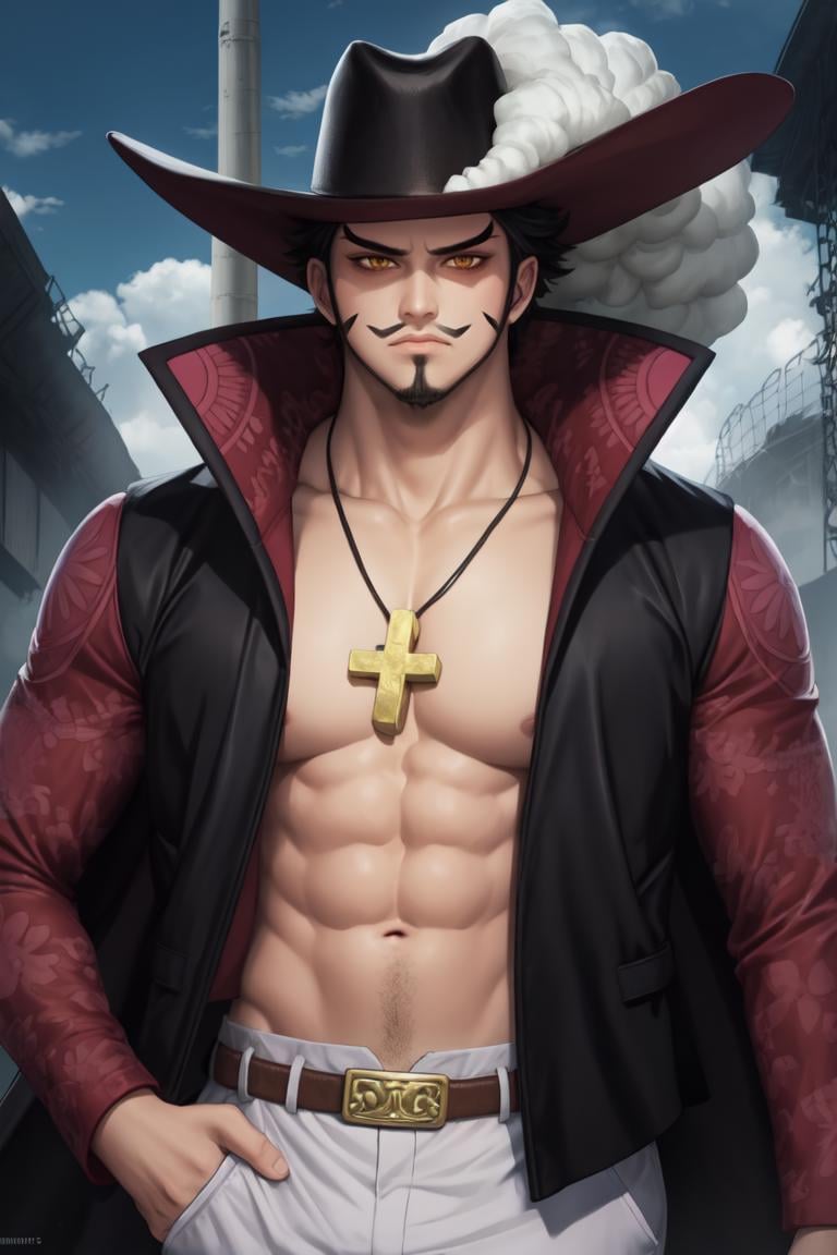 good anatomy, masterpiece, best quality, 1boy, solo, looking at viewer,straight-on, scenery, upper body, ANIME_OP_dracule_mihawk_ownwaifu,www.ownwaifu.com,facial hair,beard,abs,black hair,yellow eyes,mustache,muscular,pectorals,goatee,long sideburns,sideburns,short hair,spiked hair,manly,toned,stubble,thick_eyebrows,hat,jewelry,necklace,belt,coat,pants,open clothes,cross,pirate hat,cross necklace,cape,open coat,bare pectorals,black headwear,fur trim,latin cross,long coat,navel,jacket,open_jacket,topless male,hat_feather,white_pants, <lora:ANIME_OP_dracule_mihawk_ownwaifu-15:0.9>