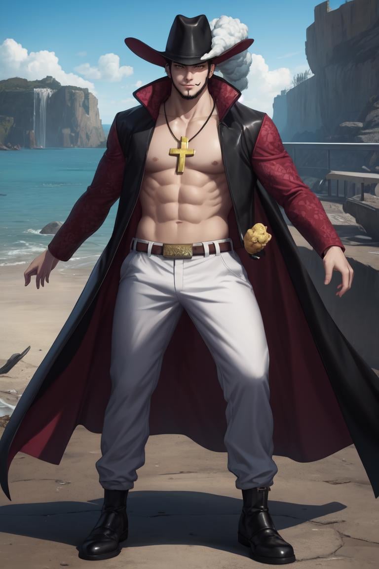good anatomy, masterpiece, best quality, 1boy, solo, looking at viewer,full body,straight-on, scenery, ANIME_OP_dracule_mihawk_ownwaifu,www.ownwaifu.com,facial hair,beard,abs,black hair,yellow eyes,mustache,muscular,pectorals,goatee,long sideburns,sideburns,short hair,spiked hair,manly,toned,stubble,thick_eyebrows,hat,jewelry,necklace,belt,coat,pants,open clothes,cross,pirate hat,cross necklace,cape,open coat,bare pectorals,black headwear,fur trim,latin cross,long coat,navel,jacket,open_jacket,topless male,hat_feather,white_pants, <lora:ANIME_OP_dracule_mihawk_ownwaifu-15:0.7>