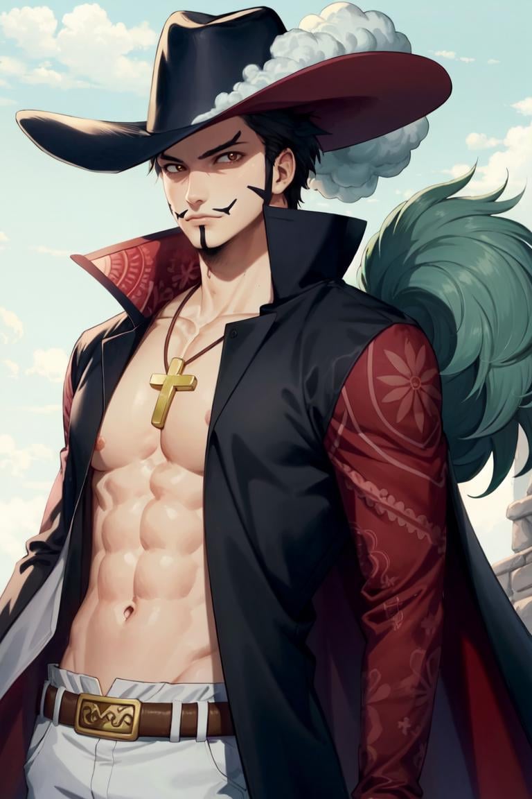good anatomy, masterpiece, best quality, 1boy, solo, looking at viewer,straight-on, scenery, upper body,ANIME_OP_dracule_mihawk_ownwaifu,www.ownwaifu.com,facial hair,beard,abs,black hair,yellow eyes,mustache,muscular,pectorals,goatee,long sideburns,sideburns,short hair,spiked hair,manly,toned,stubble,thick_eyebrows,hat,jewelry,necklace,belt,coat,pants,open clothes,cross,pirate hat,cross necklace,cape,open coat,bare pectorals,black headwear,fur trim,latin cross,long coat,navel,jacket,open_jacket,topless male,hat_feather,white_pants,<lora:ANIME_OP_dracule_mihawk_ownwaifu-15:0.8>