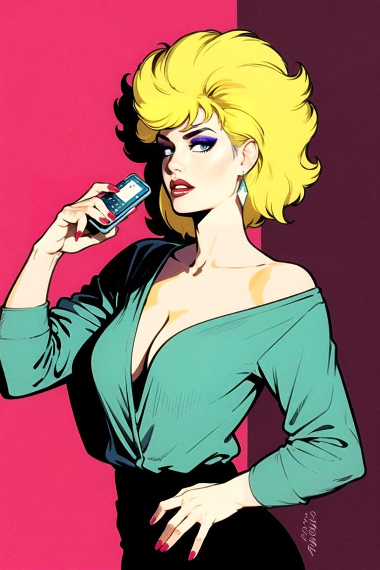 masterpiece, best quality, 1girl, solo, artstyle_pabloromero_ownwaifu,  www.ownwaifu.com, retro artstyle, 1980s \(style\),painting \(medium\), halftone_background, aqua nails, blonde hair, blue nails, breasts, cellphone, cleavage, cup, earrings, jewelry, lipstick, makeup, nail polish, phone, pink nails, purple nails, red nails, retro artstyle, smartphone, solo, yellow nails