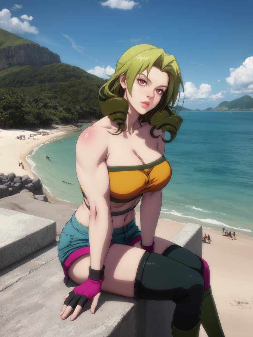 (highres, high quality:1.2), intricate details, cinematic lighting, ambient occlusion,1girl, solo, milf, full body, sitting on balcony of rock castle, legs together, ocean background, beach background,  fantasy, complex mountains background,tired,<lora:ANIME_MaMiSun_ownwaifu:0.9>ANIME_MaMiSun_ownwaifu,www.ownwaifu.com,breasts,long hair,blonde hair,green hair,shorts,strapless,cleavage,thighhighs,bare shoulders,gloves,red eyes,fingerless gloves,midriff,makeup,lipstick,short hair,large breasts,lips,bandeau,eyelashes,short shorts,black legwear,navel,tube top,denim,drill hair,bangs,collarbone,denim shorts,twin drills,gradient hair, 