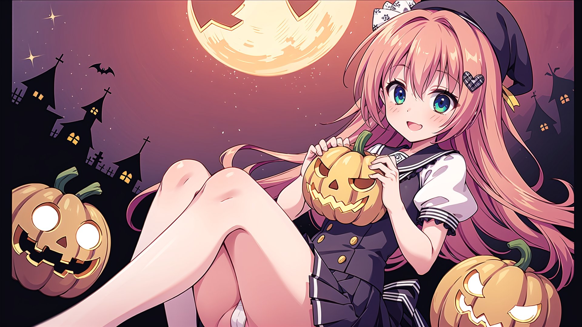 (best picture quality, masterpiece, high quality: 1.3), (sharpest picture quality), perfect beauty: 1.5, bronde hair, school_uniform, red hairpiece, Halloween, cute jack o' lantern, candy, fantastic, one woman,, beautiful girl, cute, perfect proportions, best smile, fluttering skirt, ( Most fantastic scenery), 22 year old woman, pink costume, pumpkin hat, visible white panty,