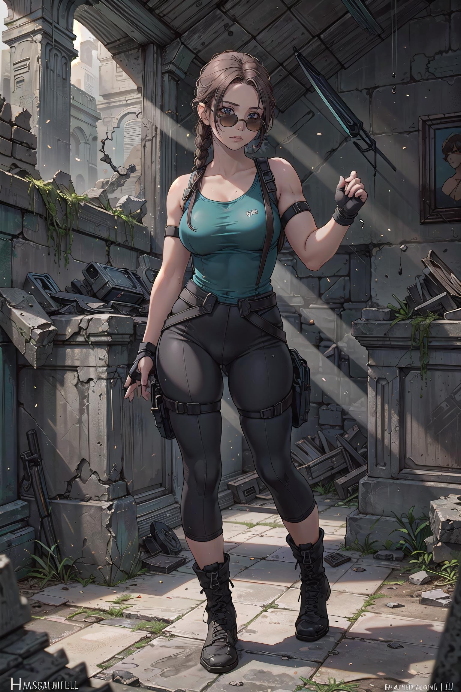 masterpiece, best quality,  young girl,woman posing for a photo,(wearing tomb_rider_cosplay_outfit,wearing sunglasses:1.3), good hand,4k, high-res, masterpiece, best quality, head:1.3,((Hasselblad photography)), finely detailed skin, sharp focus, (cinematic lighting), collarbone, night, soft lighting, dynamic angle, [:(detailed face:1.2):0.2],(((inside_ruins))), outside, full body,  <lora:tomb_rider_cosplay_outfit:0.45>