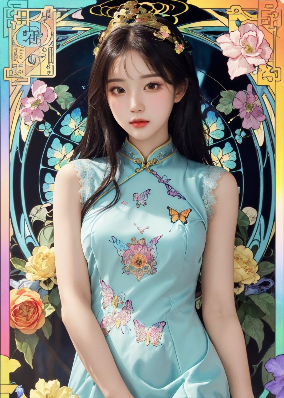 (((masterpiece))), ((the best quality, super fine illustrations, beautiful and delicate water)),Depth of field, fine 8KCG wallpapers, ( delicate light), ((cinematic lighting)),(portrait),Portrait lens,(((Alphonse Mucha))),((Fantasy style)),((shine)),(((Tarot card)))(young girl),(((China_Cheongsam))),(delicate eyelash),((cute anime face)),gradient hair,(lace),(ribbon),((crown)),(detailed cloth)((Butterfly)),(detailed Butterfly) ,(multicolored Butterfly),(neon palette),((detailed flowers)) ,((multicolored flowers)),(flowers_Surrounded),(Butterfly_Surrounded)(((Flowers fill the screen))),((Fill the screen))