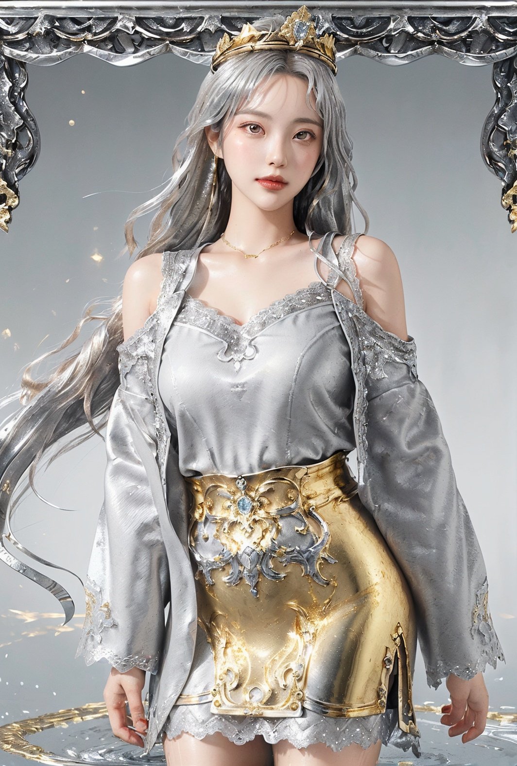 masterpiece, best quality, best quality, Amazing, beautiful detailed eyes,((1girl)), finely detailed, Depth of field, extremely detailed CG unity 8k wallpaper, full body,(other Minato aqua), (((a girl wears Clothes with a silver texture))),((Extremely gorgeous metal style)),((Metal crown with ornate stripes)),((((Various metals background)))),Sputtered molten iron,(floating hair),((Hair like melted metal)),(((detailed face))), (((detailed eyes))),(((Clothes made of silver))),(((Clothes with gold lace))),((full body)),((((flowing gold and silver)))),(((((everything flowing and melt))))),(((((flowing iron))))),(((((flowing silver))))),((((lace flowing and melt))))