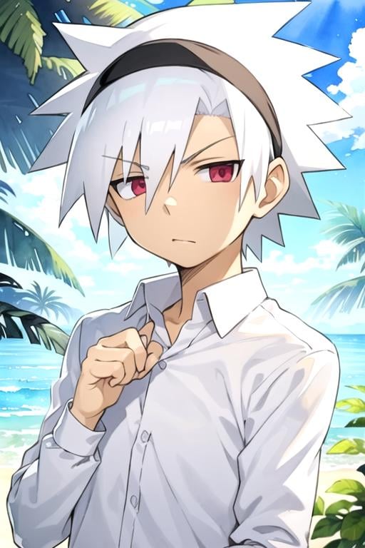 masterpiece, best quality, , 1boy, solo, male focus, looking at viewer, upper body, , (watercolor illustration, soft pastel colors:1.1), , <lora:soul_eater_evans:0.70>, soul_eater_evans, white hair, red eyes, spiked hair, , headband, long sleeve shirt, , A tropical paradise where the sun shines brightly every day,