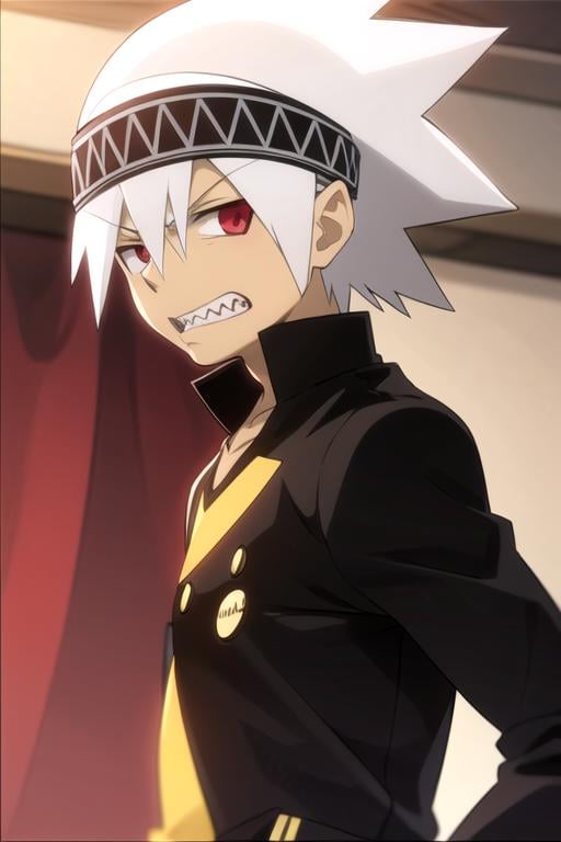 masterpiece, best quality, movie still, 1boy, solo, male focus, looking at viewer, , depth of field, anime coloring, , <lora:soul_eater_evans:0.72>, soul_eater_evans, white hair, red eyes, spiked hair, sharp teeth, headband, , ,