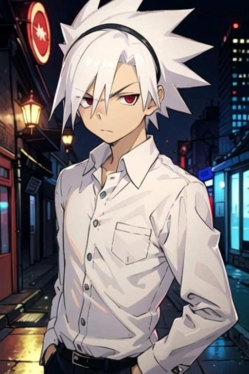 masterpiece, best quality, wallpaper, 1boy, solo, male focus, looking at viewer, , depth of field, , , <lora:soul_eater_evans:0.72>, soul_eater_evans, white hair, red eyes, spiked hair, button-up shirt, , feminist science fiction, High definition