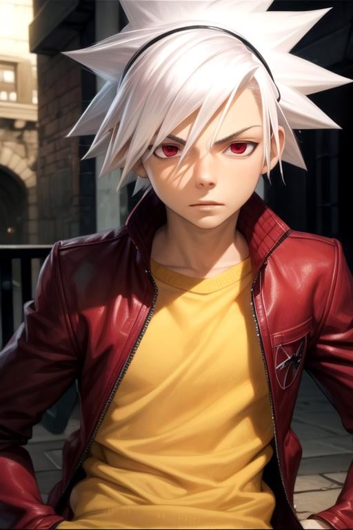 masterpiece, best quality, photorealistic, 1boy, solo, male focus, looking at viewer, , , , realistic, <lora:soul_eater_evans:0.74>, soul_eater_evans, white hair, red eyes, spiked hair, , , High definition