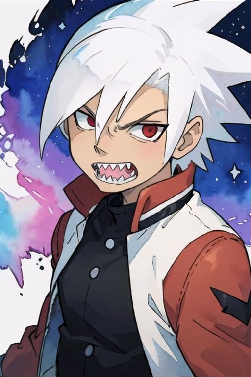 masterpiece, best quality, illustration, 1boy, solo, male focus, looking at viewer, , , (watercolor illustration, soft pastel colors:1.1), , <lora:soul_eater_evans:0.74>, soul_eater_evans, white hair, red eyes, spiked hair, sharp teeth, , , science fiction time travel,