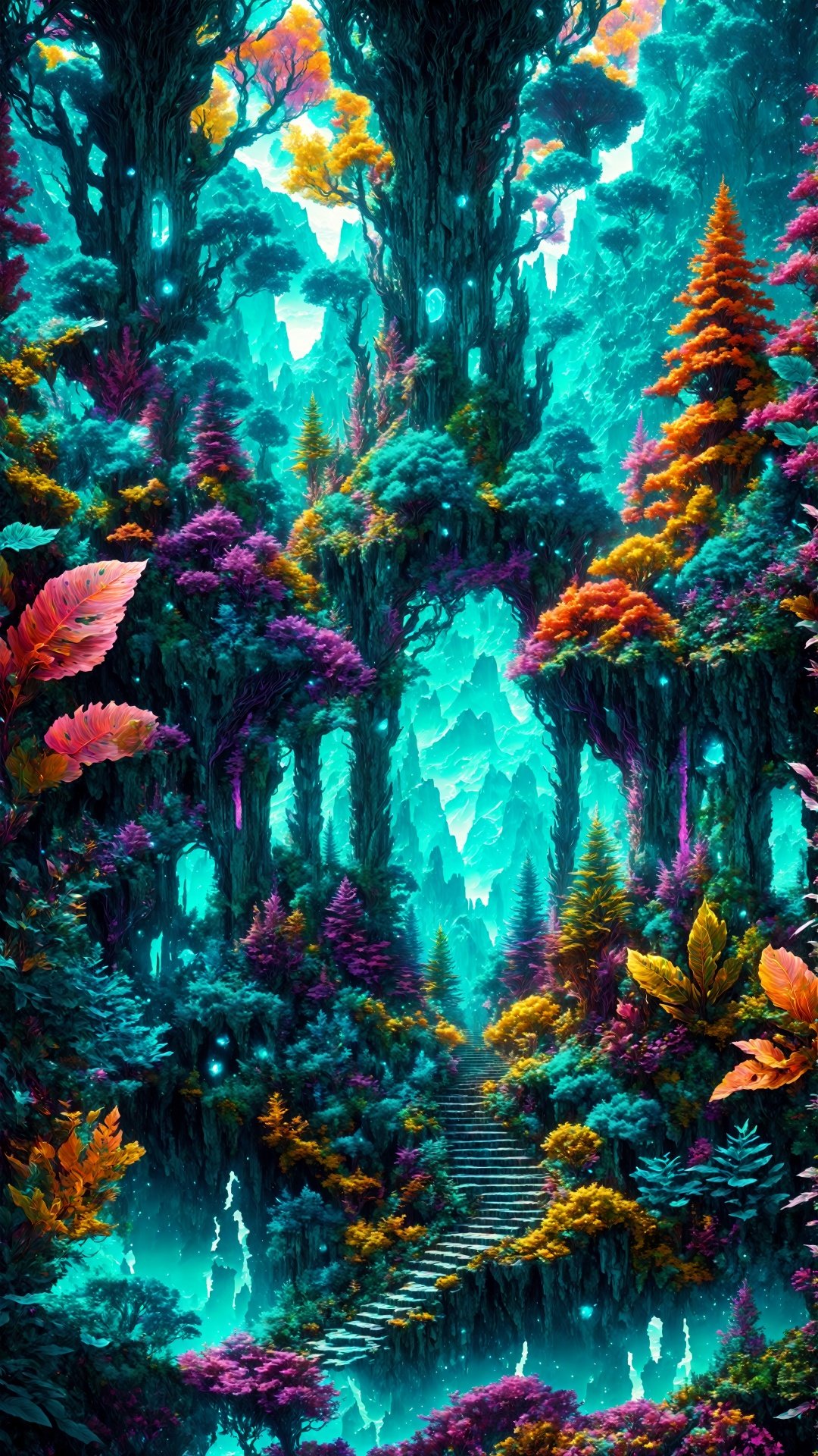 (Fantasy style: 1.5) Object perspective, changeable colors (Fantasy Architectural World) Hyper-realistic style (intricate details) A psychedelic forest sea lives among the peaks of the Soul Mountain. The trees are like mysterious veins of life, spreading from the foot of the mountain to Mountain top. This forest is full of exotic plants that sway in the breeze, adding a layer of mysterious vitality to the entire mountain range.