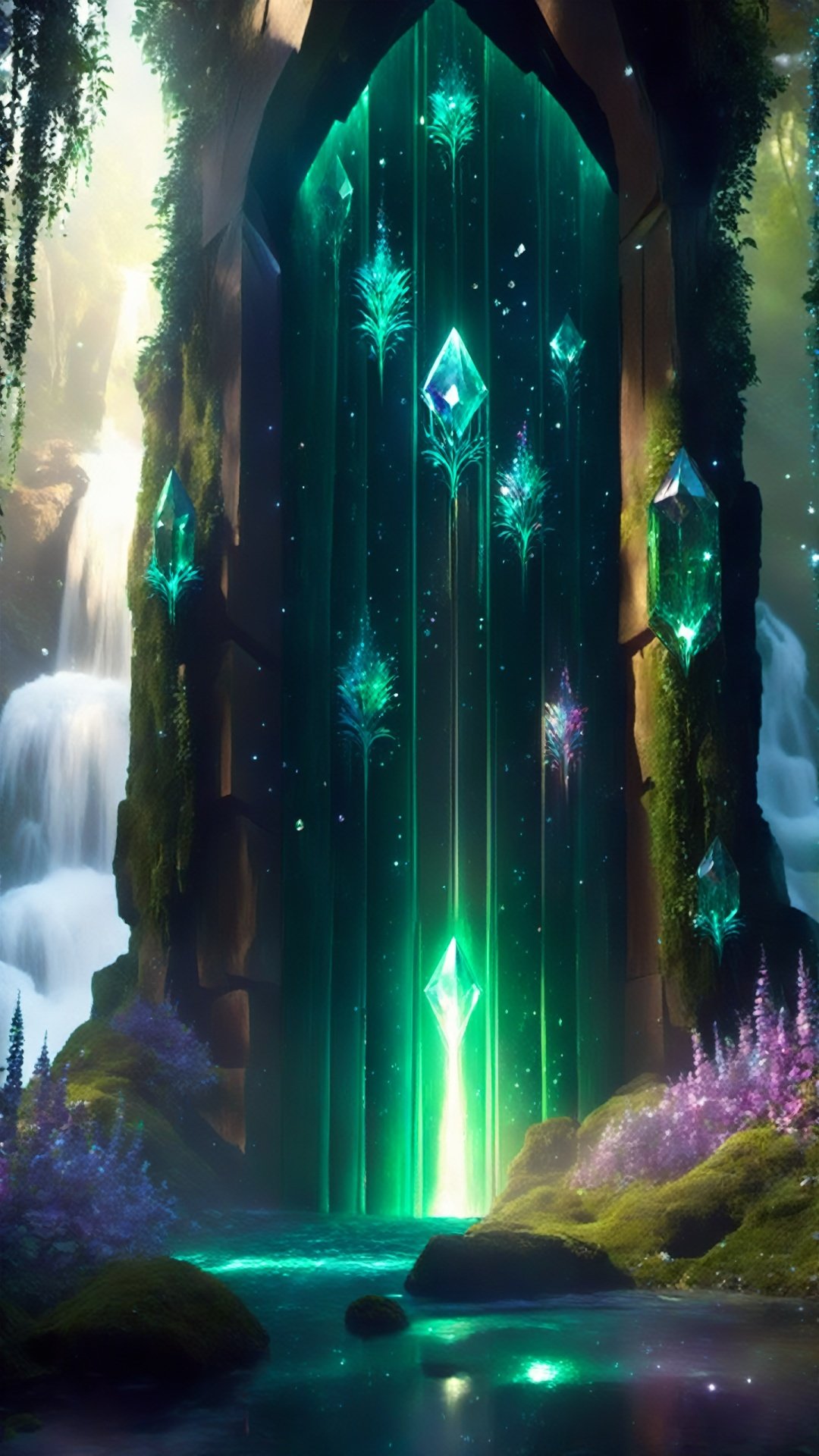 (Magic Universe, Fantasy Style :1.5) (Intricate detail) (Advanced color) (Science Fiction concept Light) On your way deep into the forest, you discover a huge crystal waterfall whose water is emerald green and emits an intoxicating floral scent. As you get closer, you see that behind the crystal waterfall lies a door to another dimension. The door is set with glittering gems, each representing a different world