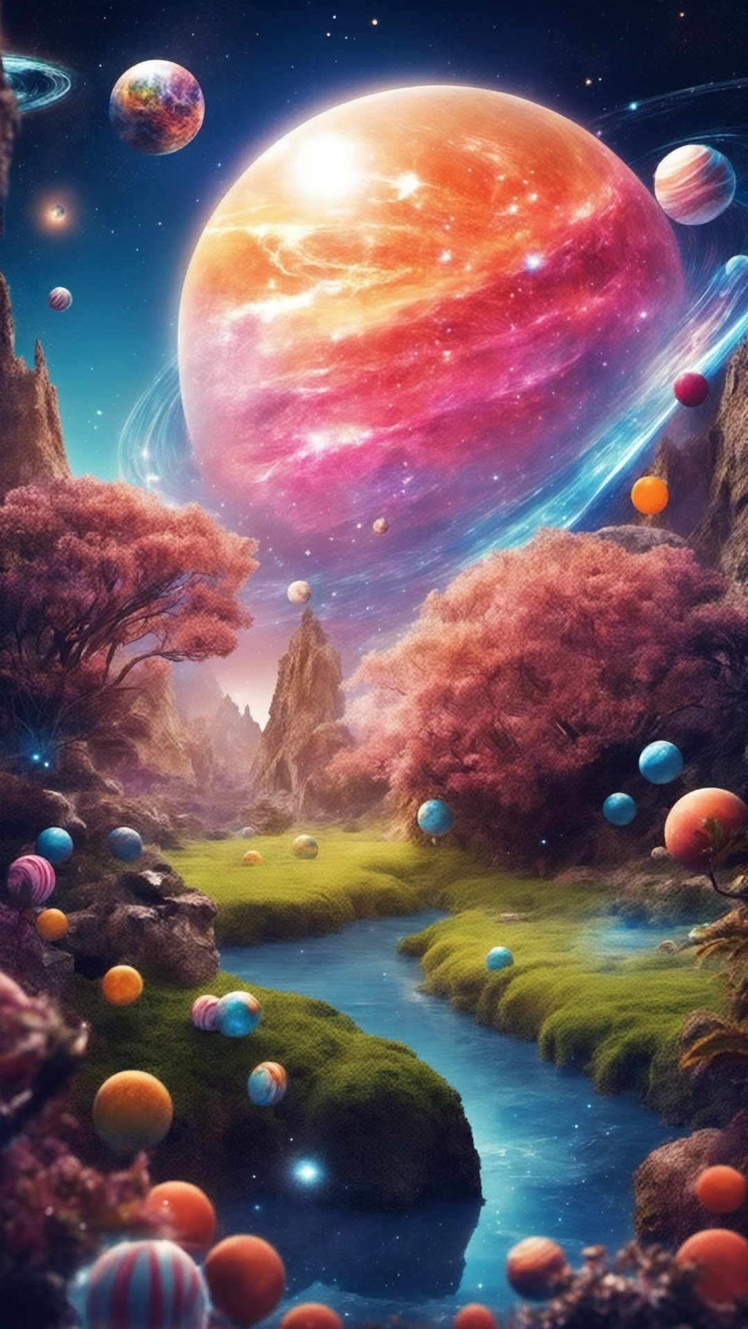 (Magic Universe, Fantasy Style :1.5) Small perspective, look at the universe, candy planet, magic plants outside the planet