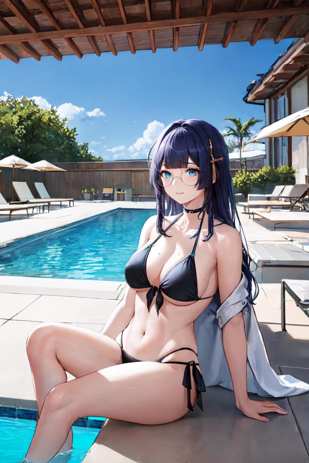 masterpiece, best quality, PelaV4, 1girl, solo, ((black bikini, bikini)), water, pool, slight smile, glasses, <lora:PelaV4-06:0.7>