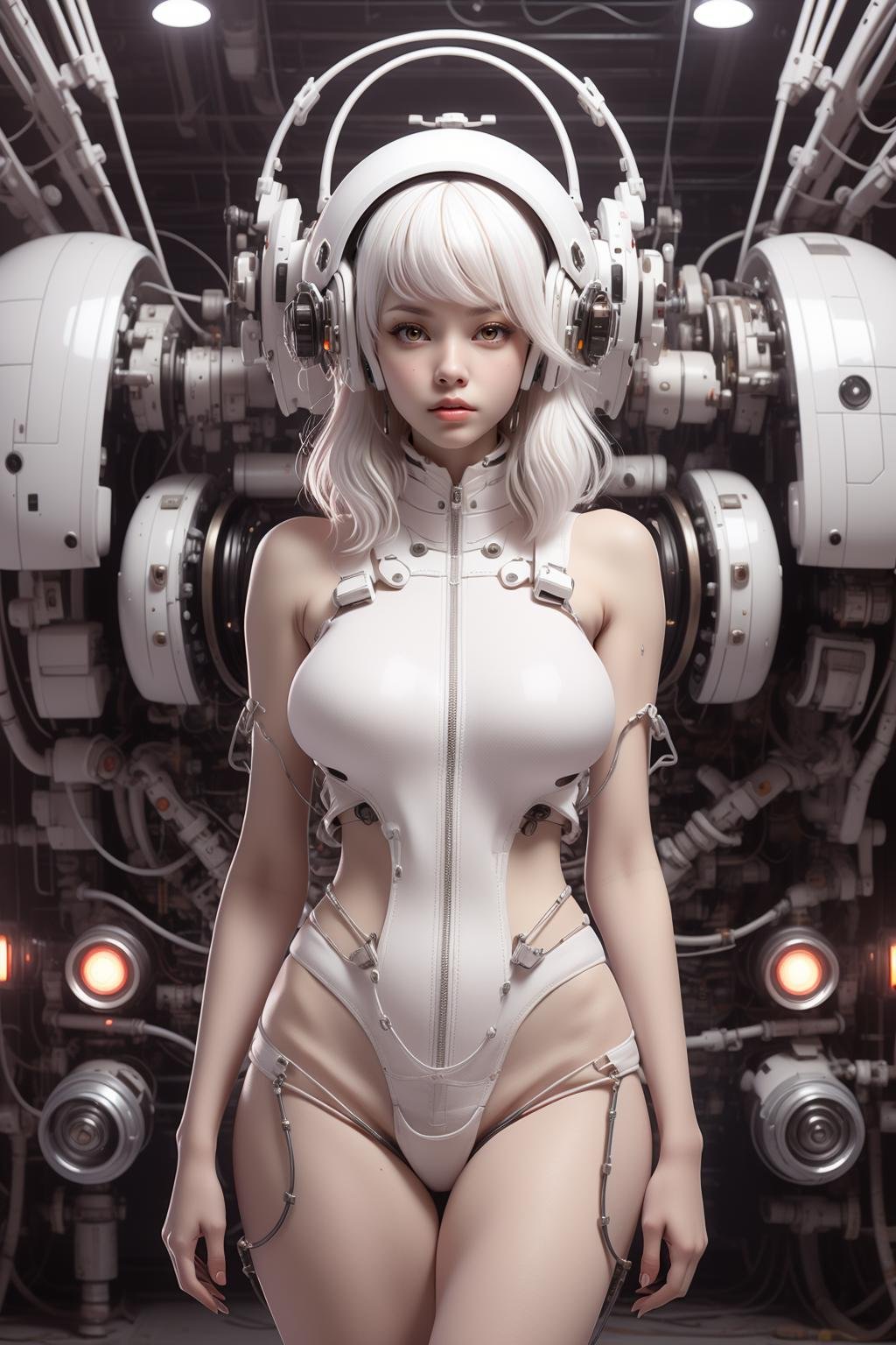 Best quality,masterpiece,ultra high res,(photorealistic:1.4),masterpiece,(bestquality),hyper-detailed,ultra-detailed,(1 girl:1.2),white bodysuit,(soft smile),(white hair:1.4),mecha girl,headphones,glass helmet,bare shoulders,(cybernetic),(mecha suit),(futuristic),(combat attire),(mix of organic and inorganic),(exposed circuitry),(glowing eyes),(massive scale),(mono-eyed),(weaponized),(gleaming metal),(futuristic background),(mechanical beauty),(technology wonder),full body,<lora:softmecha-000003:0.7>,<lora:cartoon_portrait_v2:0.3>,<lora:Clothing -:0.7>,