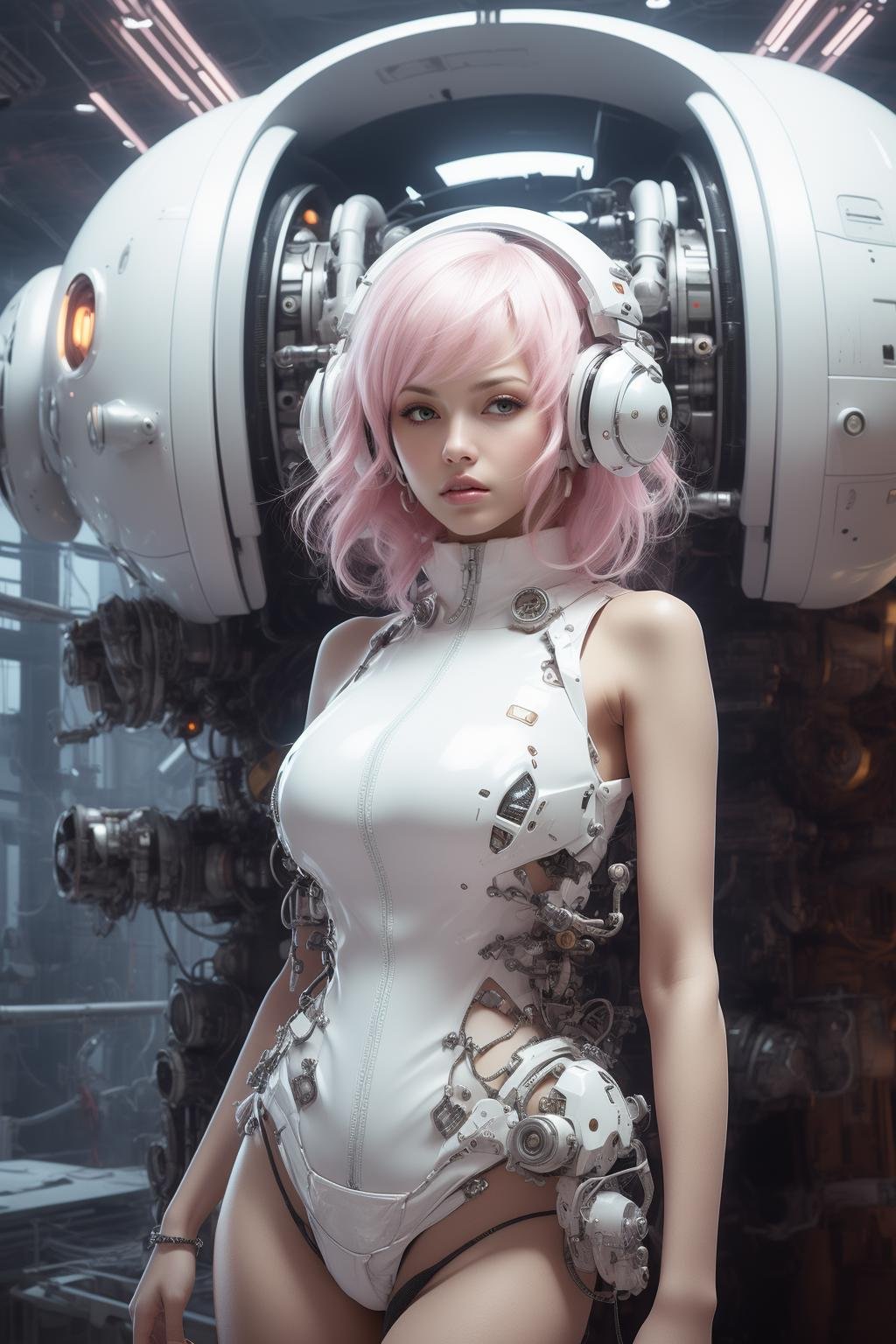 Best quality,masterpiece,ultra high res,(photorealistic:1.4),masterpiece,(bestquality),hyper-detailed,ultra-detailed,(1 girl:1.2),white bodysuit,wihte hair,(soft smile),mecha girl,(headphones:1.2),(cybernetic),bare shoulders,(mecha suit),(futuristic),(combat attire),(mix of organic and inorganic),(exposed circuitry),(hovering,(massive scale),(weaponized),(gleaming metal),(futuristic background),(mechanical beauty),(technology wonder),upper body,,,,,,,<lora:softmecha-000003:0.8>,,,,,,,,,,,,,