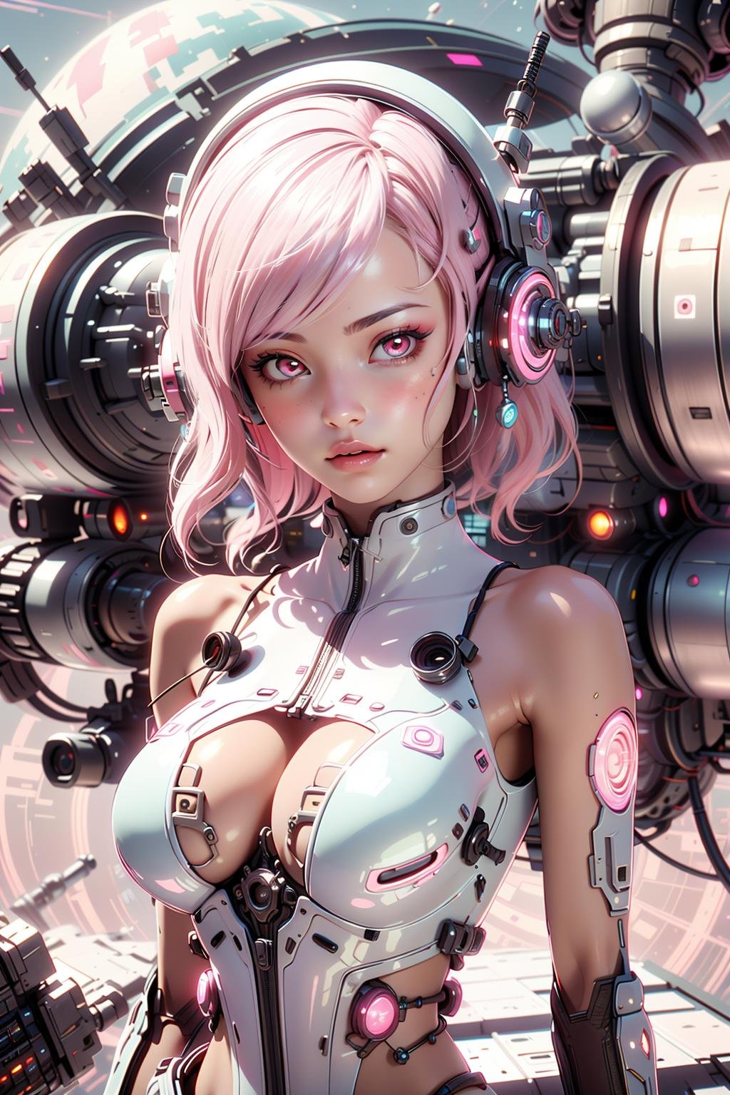 Best quality,masterpiece,ultra high res,(photorealistic:1.4),masterpiece,(bestquality),hyper-detailed,ultra-detailed,(1 girl:1.2),white bodysuit,(soft smile),(pink hair:1.4),mecha girl,headphones,glass helmet,bare shoulders,(cybernetic),(mecha suit),(futuristic),(combat attire),(mix of organic and inorganic),(exposed circuitry),(glowing eyes),(massive scale),(mono-eyed),(weaponized),(gleaming metal),(futuristic background),(mechanical beauty),(technology wonder),full body,<lora:softmecha-000003:0.7>,<lora:cartoon_portrait_v2:0.3>,<lora:AdsTech:0.8>,<lora:Clothing -:0.5>,
