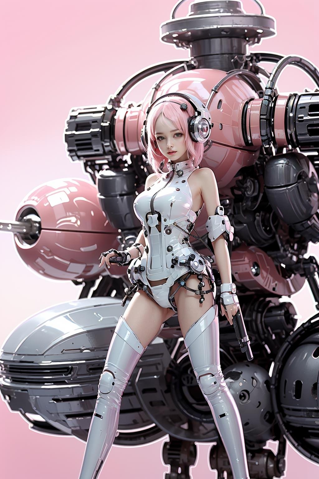 Best quality,masterpiece,ultra high res,(photorealistic:1.4),masterpiece,(bestquality),hyper-detailed,ultra-detailed,low angle shot,(1 girl riding a robot:1.2),white bodysuit,(light smile:1.2),(pink hair:1.4),(baby_face, childish),red blush,headphones,glass:1.4_mask_helmet,(cat_ear_helmet),bare shoulders,(cybernetic),(mecha suit),(futuristic),(combat attire),(mix of organic and inorganic),(exposed circuitry),(massive scale),(mono-eyed),(weaponized),(polished metal),(futuristic background),(mechanical beauty),(technology wonder),<lora:softmecha-000003:0.6>,<lora:akirabikev0.2:0.7>,<lora:baby_face_v1:0.3>,<lora:EggmanTech:0.4>,