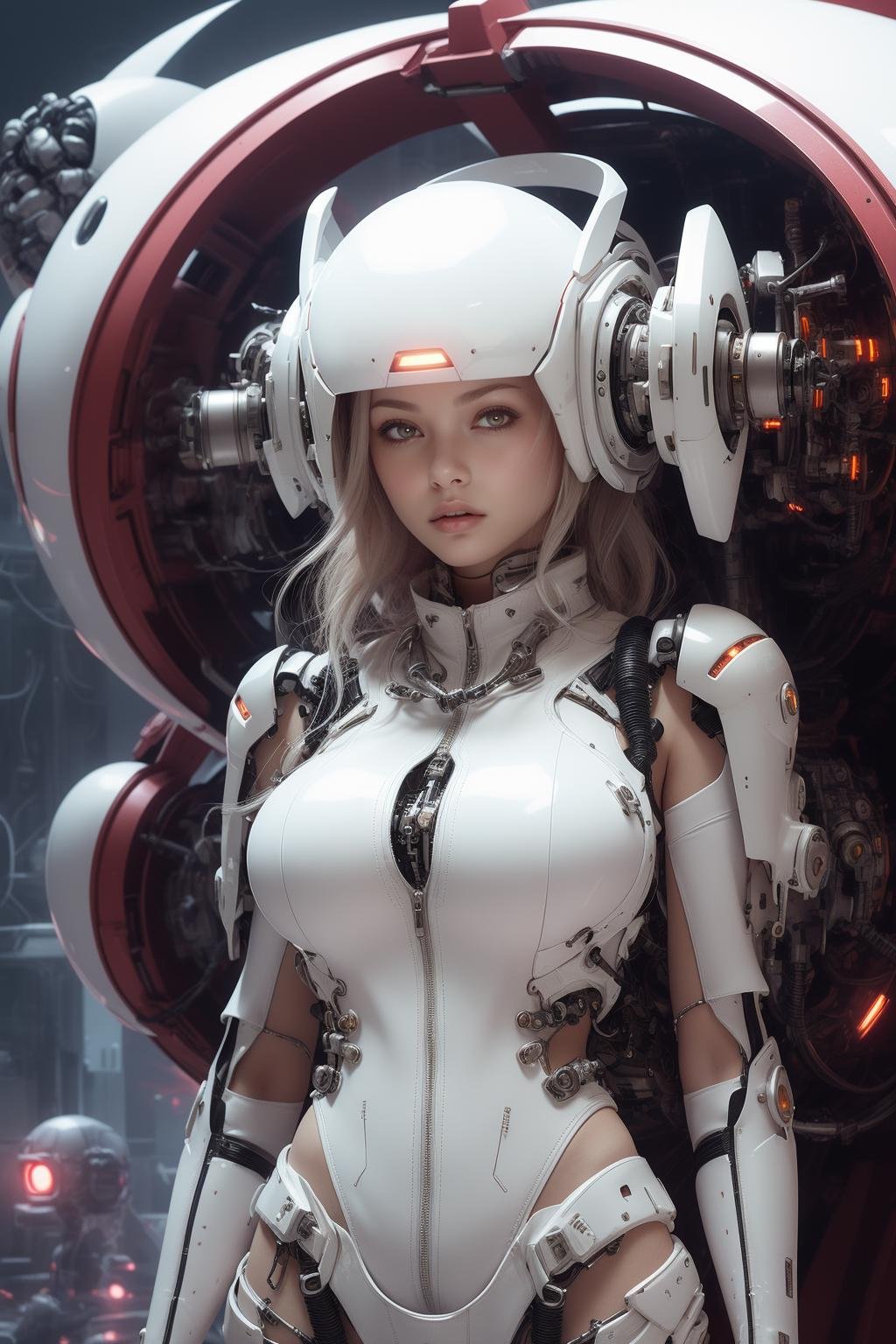 Best quality,masterpiece,ultra high res,(photorealistic:1.4),masterpiece,(bestquality),hyper-detailed,ultra-detailed,(1 girl:1.2),white bodysuit,(soft smile),mecha girl,(cybernetic),(mecha suit),(futuristic),(combat attire),(mix of organic and inorganic),(exposed circuitry),(glowing eyes),(hovering,(massive scale),(mono-eyed),(weaponized),(gleaming metal),(futuristic background),(mechanical beauty),(technology wonder),upper body, ,,, ,,<lora:softmecha-000003:0.6>,,,