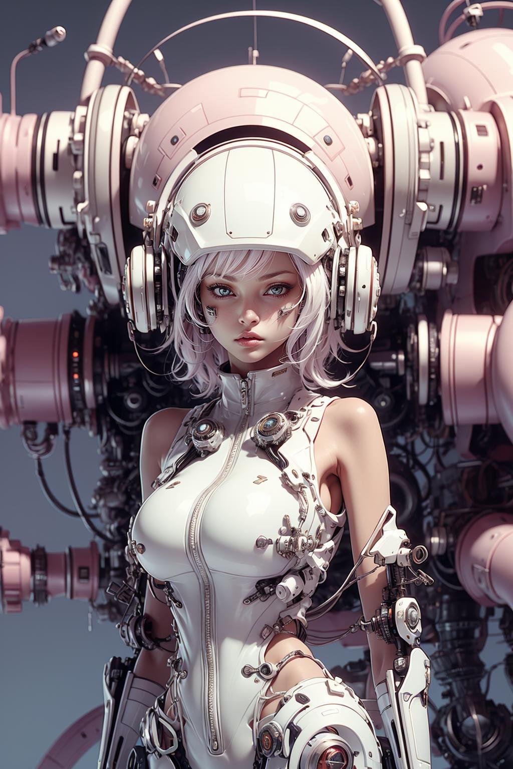 Best quality,masterpiece,ultra high res,(photorealistic:1.4),masterpiece,(bestquality),hyper-detailed,ultra-detailed,(1 girl:1.2),white bodysuit,wihte hair,(soft smile),mecha girl,(headphones:1.2),glass helmet,(cybernetic),bare shoulders,(mecha suit),(futuristic),(combat attire),(mix of organic and inorganic),(exposed circuitry),(hovering,(massive scale),(weaponized),(gleaming metal),(futuristic background),(mechanical beauty),(technology wonder),upper body,,,,,,<lora:softmecha-000003:0.8>,,,