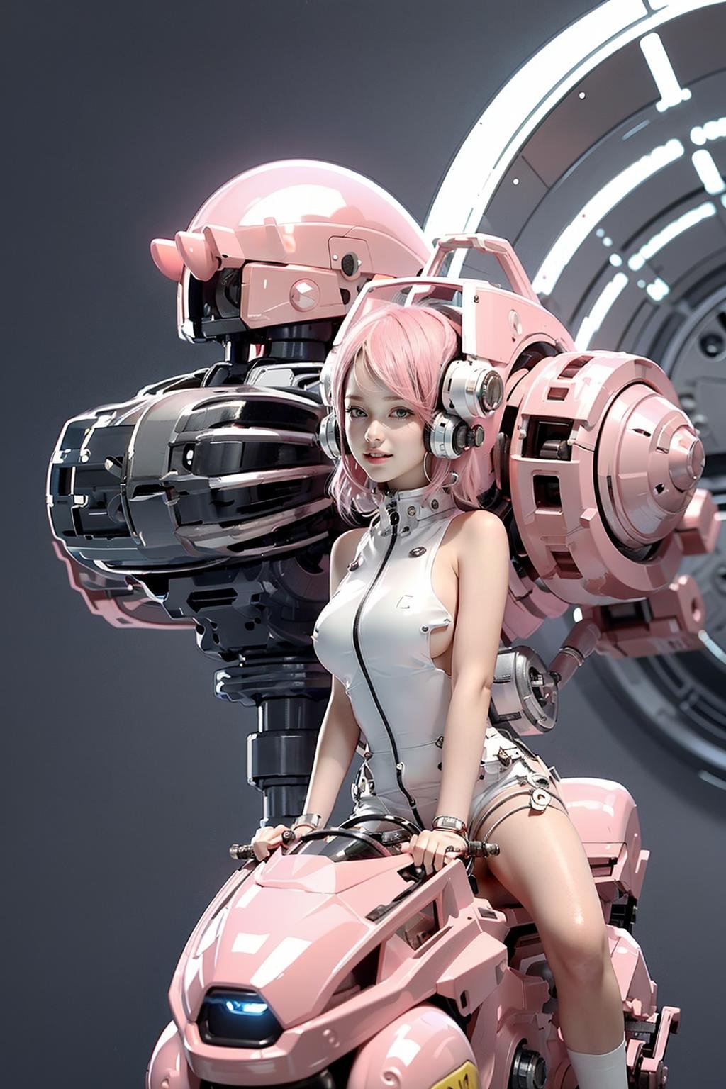 Best quality,masterpiece,ultra high res,(photorealistic:1.4),masterpiece,(bestquality),hyper-detailed,ultra-detailed,low angle shot,(1 girl riding a robot:1.2),white bodysuit,(light smile:1.2),(pink hair:1.4),(baby_face, childish),red blush,headphones,glass:1.4_mask_helmet,(cat_ear_helmet),bare shoulders,(cybernetic),(mecha suit),(futuristic),(combat attire),(mix of organic and inorganic),(exposed circuitry),(massive scale),(mono-eyed),(weaponized),(polished metal),(futuristic background),(mechanical beauty),(technology wonder),<lora:softmecha-000003:0.6>,<lora:akirabikev0.2:0.7>,<lora:baby_face_v1:0.3>,<lora:EggmanTech:0.3>,
