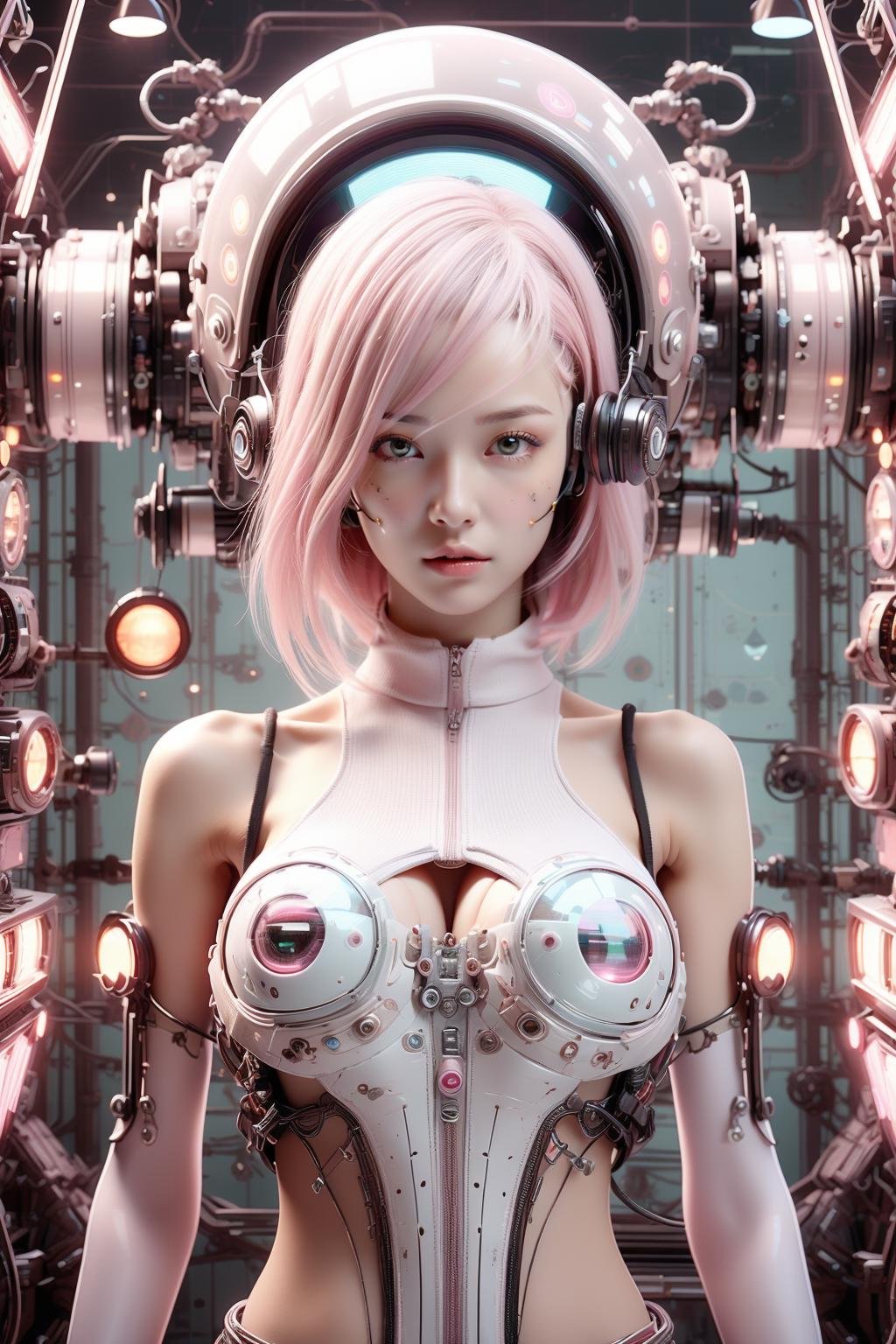 Best quality,masterpiece,ultra high res,(photorealistic:1.4),masterpiece,(bestquality),hyper-detailed,ultra-detailed,(1 girl:1.2),white bodysuit,(soft smile),(pink hair:1.4),mecha girl,headphones,glass helmet,bare shoulders,(cybernetic),(mecha suit),(futuristic),(combat attire),(mix of organic and inorganic),(exposed circuitry),(glowing eyes),(massive scale),(mono-eyed),(weaponized),(gleaming metal),(futuristic background),(mechanical beauty),(technology wonder),full body,<lora:softmecha-000003:0.7>,<lora:cartoon_portrait_v2:0.3>,<lora:AdsTech:0.8>,<lora:Clothing -:0.7>,