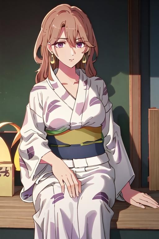 best quality, masterpiece, highres, solo, {yukata:1.40}, {kimono:1.20}, {saitou_miyako_oshinoko:1.15}, brown_hair, bangs, long_hair, earrings, jewelry, hair_between_eyes, closed_mouth, purple_eyes