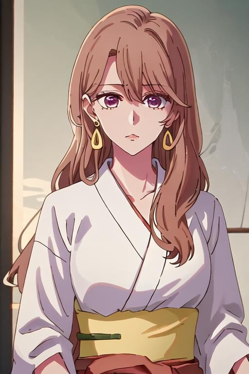 best quality, masterpiece, highres, solo, {white kimono:1.35}, {red hakama:1.35}, {wide sleeves:1.20}, {saitou_miyako_oshinoko:1.15}, brown_hair, bangs, long_hair, earrings, jewelry, hair_between_eyes, closed_mouth, purple_eyes