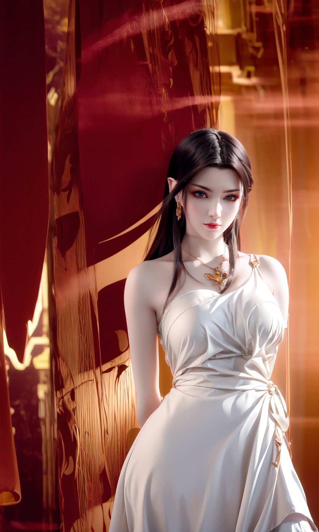 Luxury, noble, beautiful, super realistic, super clear picture quality, 8k, luxurious palace background, overbearing queen, enchanting figure, hand behind, background with holy light runes flashing, immortal aura diffuse, soft light... The other side flower has a big chest, official art, unit 8k wallpaper, super detailed, beautiful and beautiful, masterpiece, best quality, very detailed, dynamic Angle, paper skin, radius, brightness, a painting, a girl in a white and gold gauze dress standing elegantly. Her clothes reflect a luxurious texture, and her presence radiates power. (Masterpiece, best quality, more detail, vertical, realistic, realistic, one detail, sharp focus, movie lighting), ray tracing, Ultra Wide Angle, 4K, Award winning, 
(((arms behind back:1.7))),
Yuyao, huge breasts, long hair,guofeng,jyy-hd,yx-hd,xwhd,mds-hd