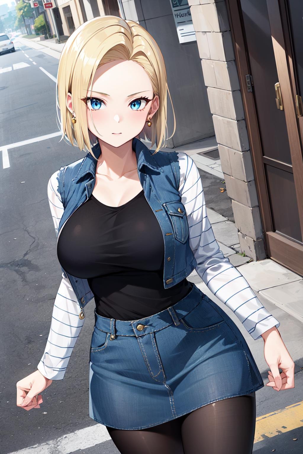 best quality, highres, and18, 1girl, android 18, solo, blonde hair, blue eyes, short hair, earrings, jewelry, denim vest, open vest, black pantyhose, black shirt, denim skirt, striped long sleeves, blue skirt, large breasts, <lora:android_18_v110:0.5>, cowboy shot, street, 