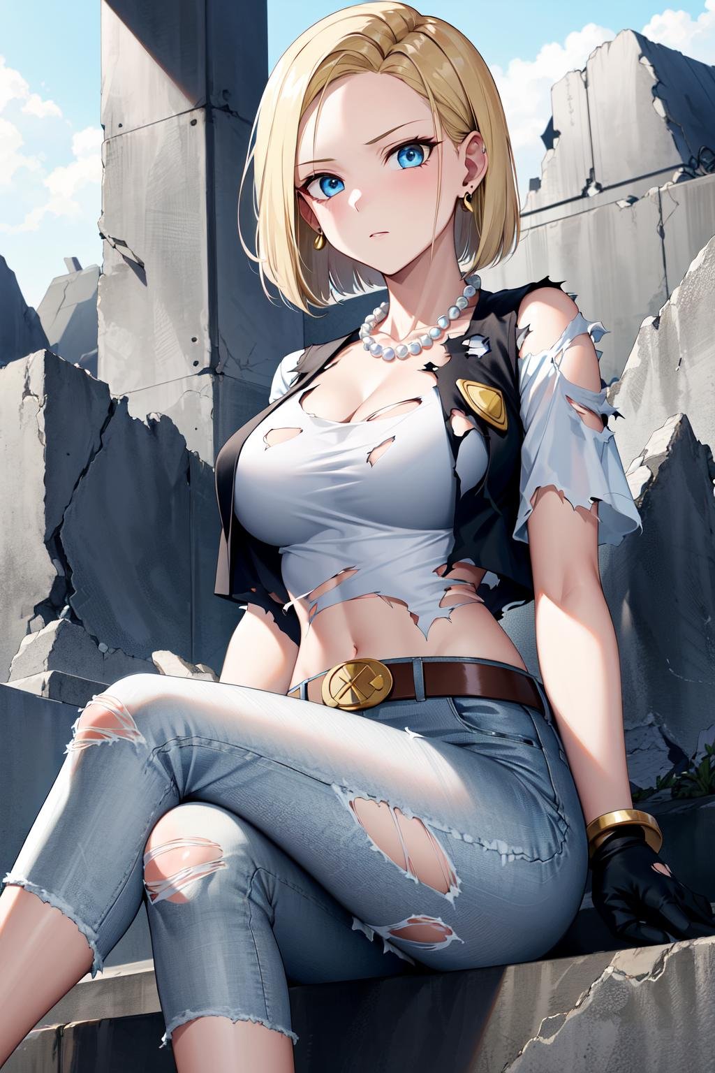best quality, highres, and18, 1girl, android 18, solo, blonde hair, blue eyes, belt, jeans, pearl_necklace, bracelet, black gloves, white shirt, short hair, short sleeves, earrings, blue pants, open vest, black vest, large breasts, <lora:android_18_v110:0.5>, (ruins:1.3), (torn clothes:1.5), sitting, expressionless, crossed legs,