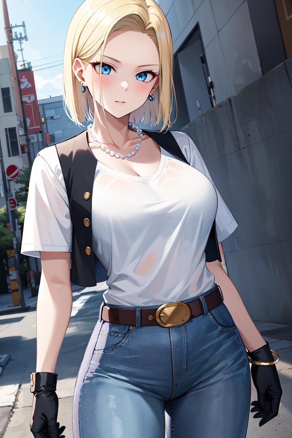 best quality, highres, and18, 1girl, android 18, solo, blonde hair, blue eyes, belt, jeans, pearl_necklace, bracelet, black gloves, white shirt, short hair, short sleeves, earrings, blue pants, open vest, black vest, large breasts, <lora:android_18_v110:0.5>, cowboy shot, street, straight-on, 