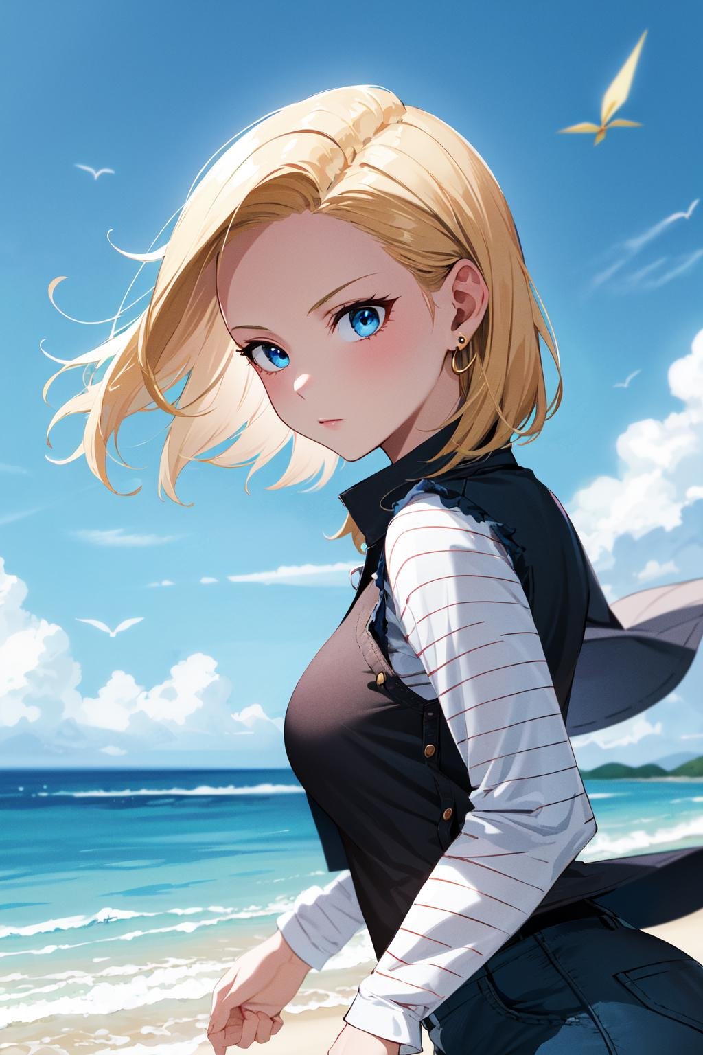 best quality, highres, and18, 1girl, android 18, solo, blonde hair, blue eyes, short hair, earrings, jewelry, denim vest, open vest, black pantyhose, black shirt, denim skirt, striped long sleeves, blue skirt, large breasts, <lora:android_18_v110:0.5>, (wind:1.3), upper body, from side, beach,