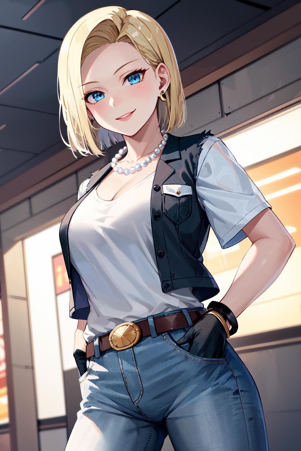 best quality, highres, and18, 1girl, android 18, solo, blonde hair, blue eyes, belt, jeans, pearl_necklace, bracelet, black gloves, white shirt, short hair, short sleeves, earrings, blue pants, open vest, black vest, large breasts, <lora:android_18_v110:0.5>, cowboy shot, mall, smile, (hands in pocket:1.2)