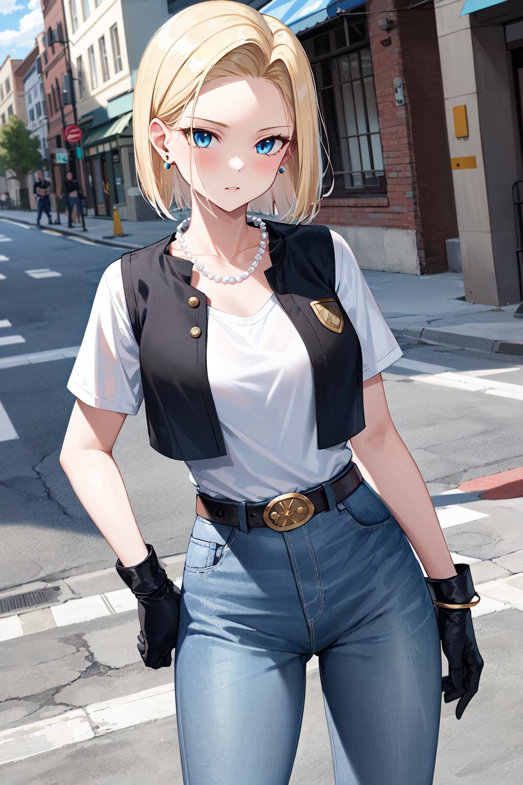 best quality, highres, and18, 1girl, android 18, solo, blonde hair, blue eyes, belt, jeans, pearl_necklace, bracelet, black gloves, white shirt, short hair, short sleeves, earrings, blue pants, open vest, black vest, large breasts, <lora:android_18_v110:0.5>, cowboy shot, street, straight-on, 