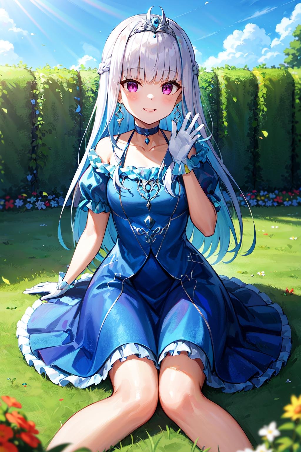 masterpiece, best quality, highres, lh1, blue dress, long hair, tiara, jewelry, white gloves, earrings, choker, frills, braid, puffy short sleeves, <lora:lize_helesta_v10:0.7>, garden, wariza, smile, sitting, waving