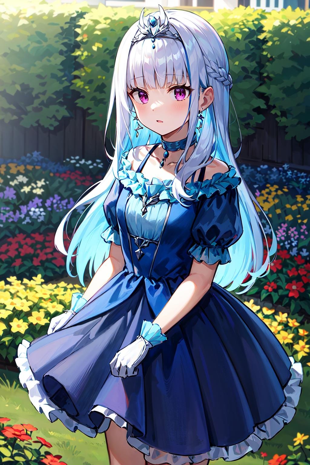 masterpiece, best quality, highres, lh1, blue dress, long hair, tiara, jewelry, white gloves, earrings, choker, frills, braid, puffy short sleeves, <lora:lize_helesta_v10:0.7>, cowboy shot, standing, outdoors, garden