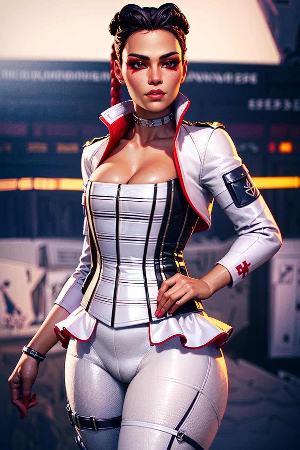 1girl, beautiful lobapex, white jacket, tattoo, corset, skirt, pants, choker, colored hair, makeup,  athletic, (wide hips, thick thighs:0.7), volumetric lighting, best quality, masterpiece, intricate details, tonemapping, sharp focus, very detailed, trending on Artstation, realistic  <lora:sxz-loba-v2:0.7>