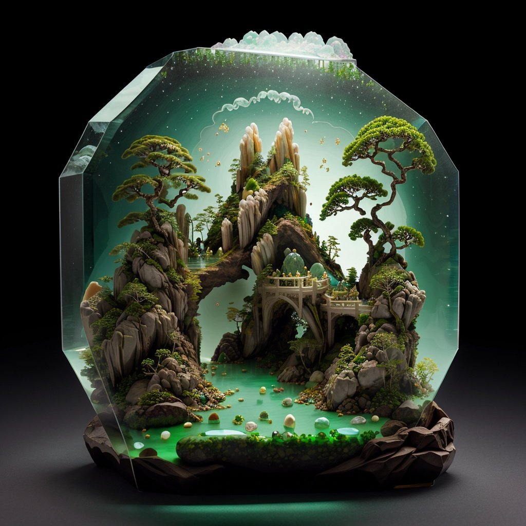 photorealistic,realive,miniature,bonsai in glass box,independent building,grass,nature,no humans,(underwater:1.3),fantasy,goldfish,golden,gold trim,circular ring,fluorescent light,flsorescence,glow,glowing,jade and gem textured,(((mountain made of natural jades and Gems))),(waters),Ancient pavilion,plants,jewelry of jadeite and jade,genuine pearl,(auspicious clouds:1.1),towering trees,