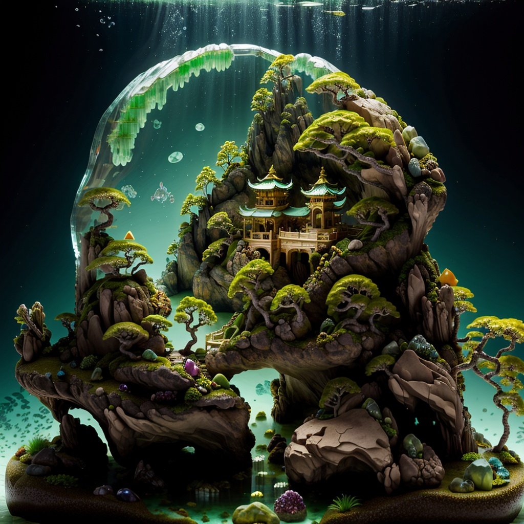 miniature,bonsai,independent building,grass,nature,no humans,(underwater:1.3),goldfish,golden,circular ring,fluorescent light,flsorescence,glowing,(((a Mountain made of natural jades and Gems))),(waters),Ancient pavilion,plants,black background,(auspicious clouds:1.1),<lora:ShanShuiHua_v18:0.85>,