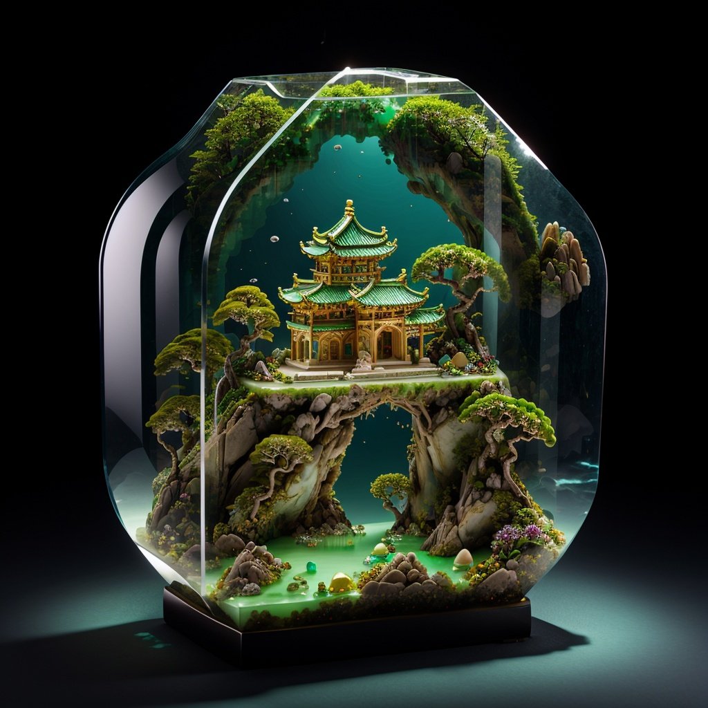 photorealistic,realive,miniature,bonsai in glass box,independent building,grass,nature,no humans,(underwater:1.3),fantasy,goldfish,golden,gold trim,circular ring,fluorescent light,flsorescence,glow,glowing,jade and gem textured,(((mountain made of natural jades and Gems))),(waters),Ancient pavilion,plants,jewelry of jadeite and jade,genuine pearl,(auspicious clouds:1.1),towering trees,<lora:iconsGoBk_v16:0.4>,