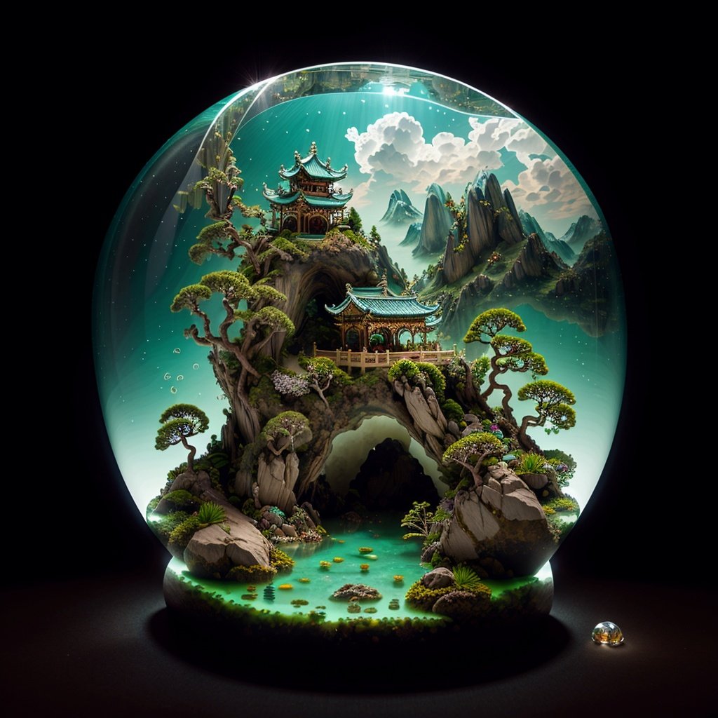 photorealistic,realive,miniature,bonsai,independent building,grass,nature,no humans,(underwater:1.3),fantasy,goldfish,golden,Gold trim,circular ring,fluorescent light,flsorescence,glow,glowing,jade and Gem textured,(((Mountain made of natural jades and Gems))),(waters),Ancient pavilion,plants,Jewelry of Jadeite and Jade,inverted reflection in water,(auspicious clouds:1.1),towering trees,